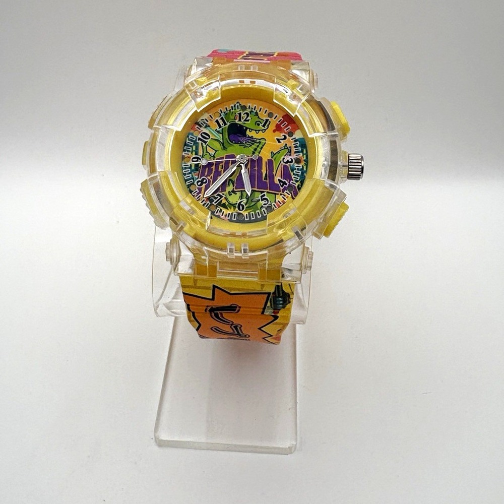 !RARE! Rumi Reptar Reptzilla Yellow Analog Watch Flashing Multicolor Lights NOS
